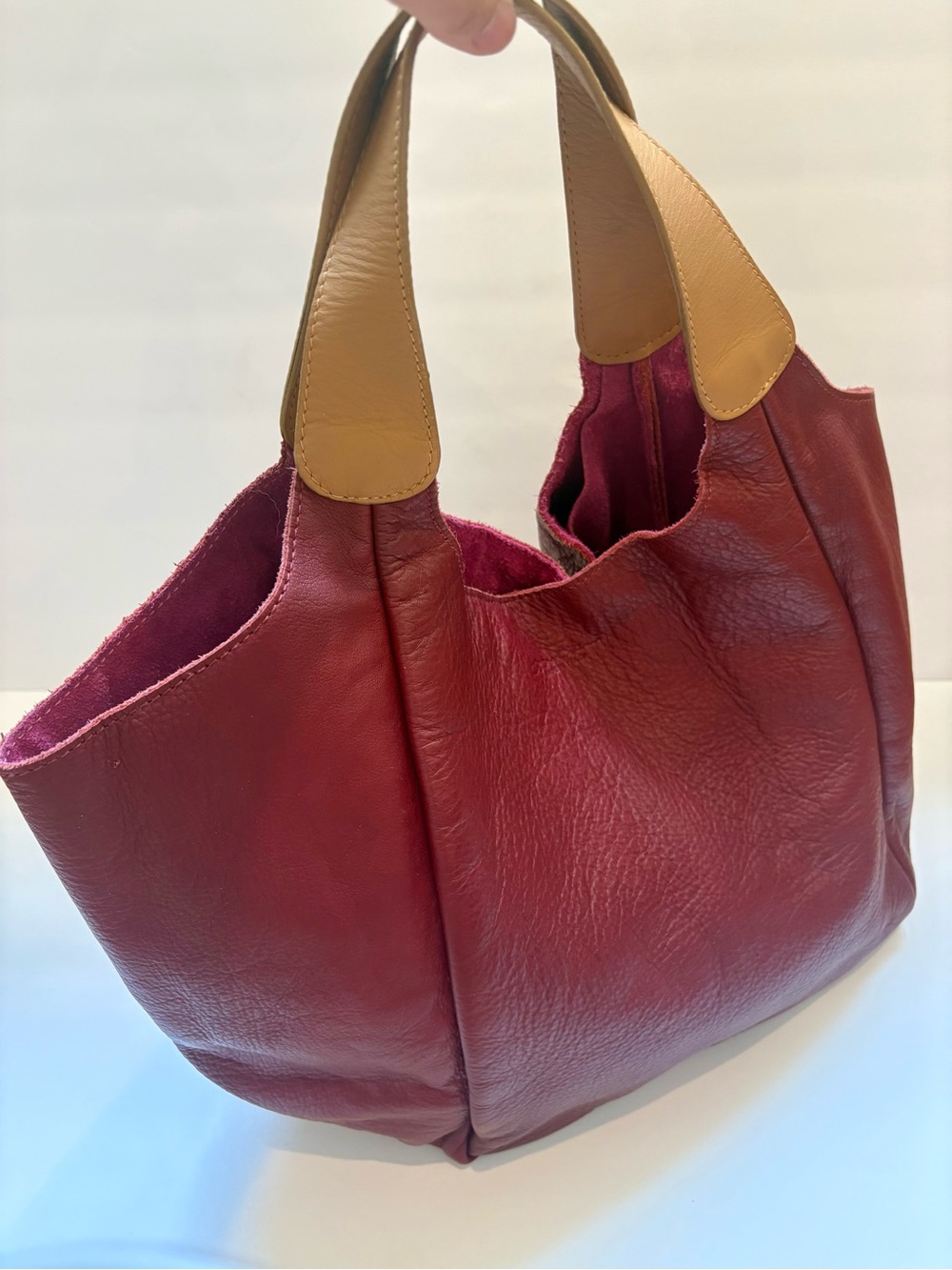 Made in Italy Leather Shoulder Bag in Burgundy with Tan Handles